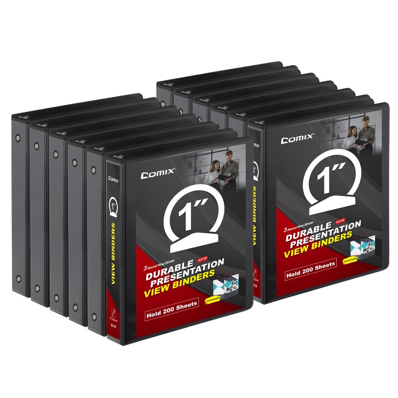 COMIX Sturdy 3 Ring Binder 1 inch with Clear View Cover, 1" Round Ring View Binder, PVC-Free, 2.4mm-Thick, 200 Sheets Capacity of US Letter Size Paper, Office ï¼† School Supplies, Pack of 12 (Black) - Image 1